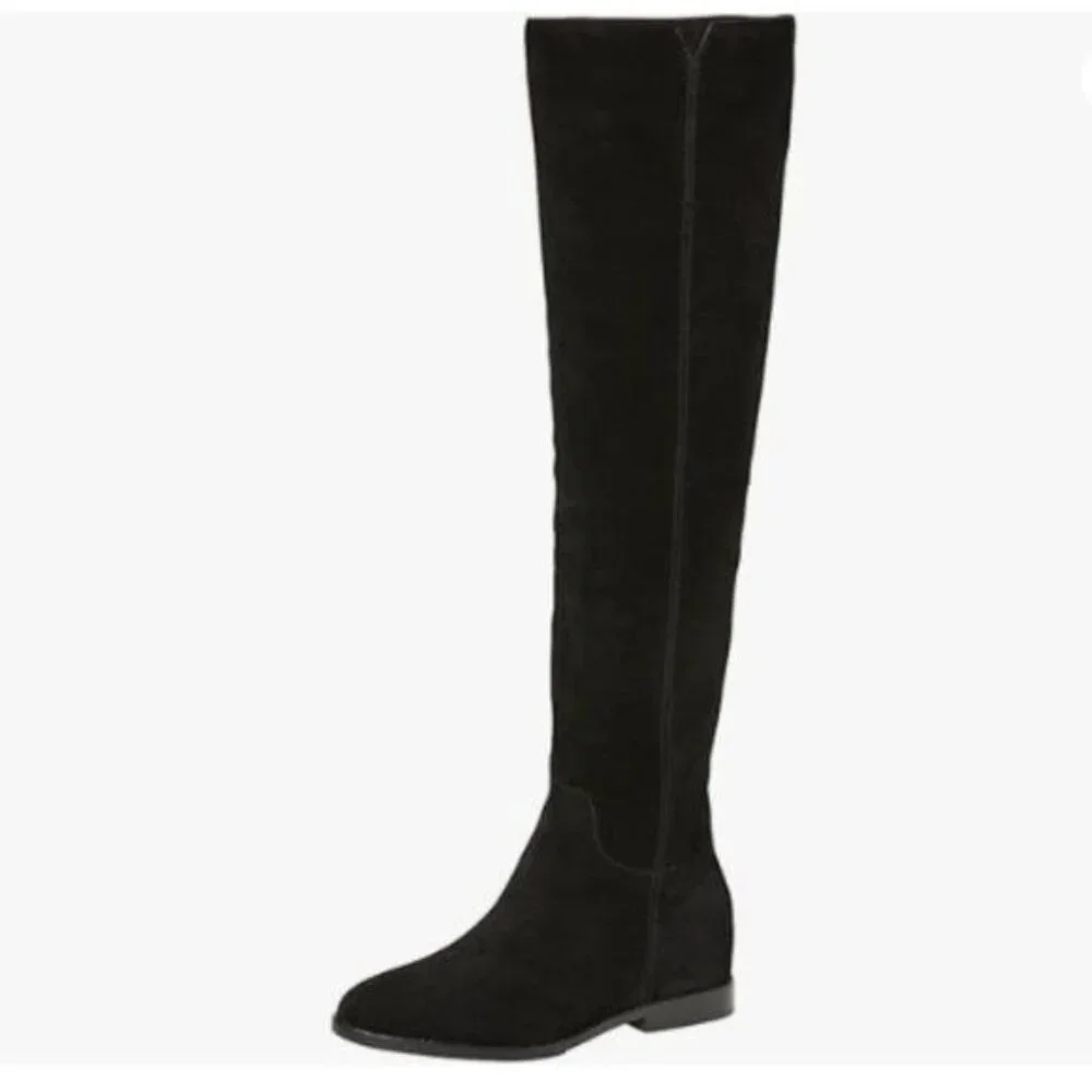 Pazzion Women Almond Toe Knee High Boots with Partial Zipper Stretchy Black Shoe